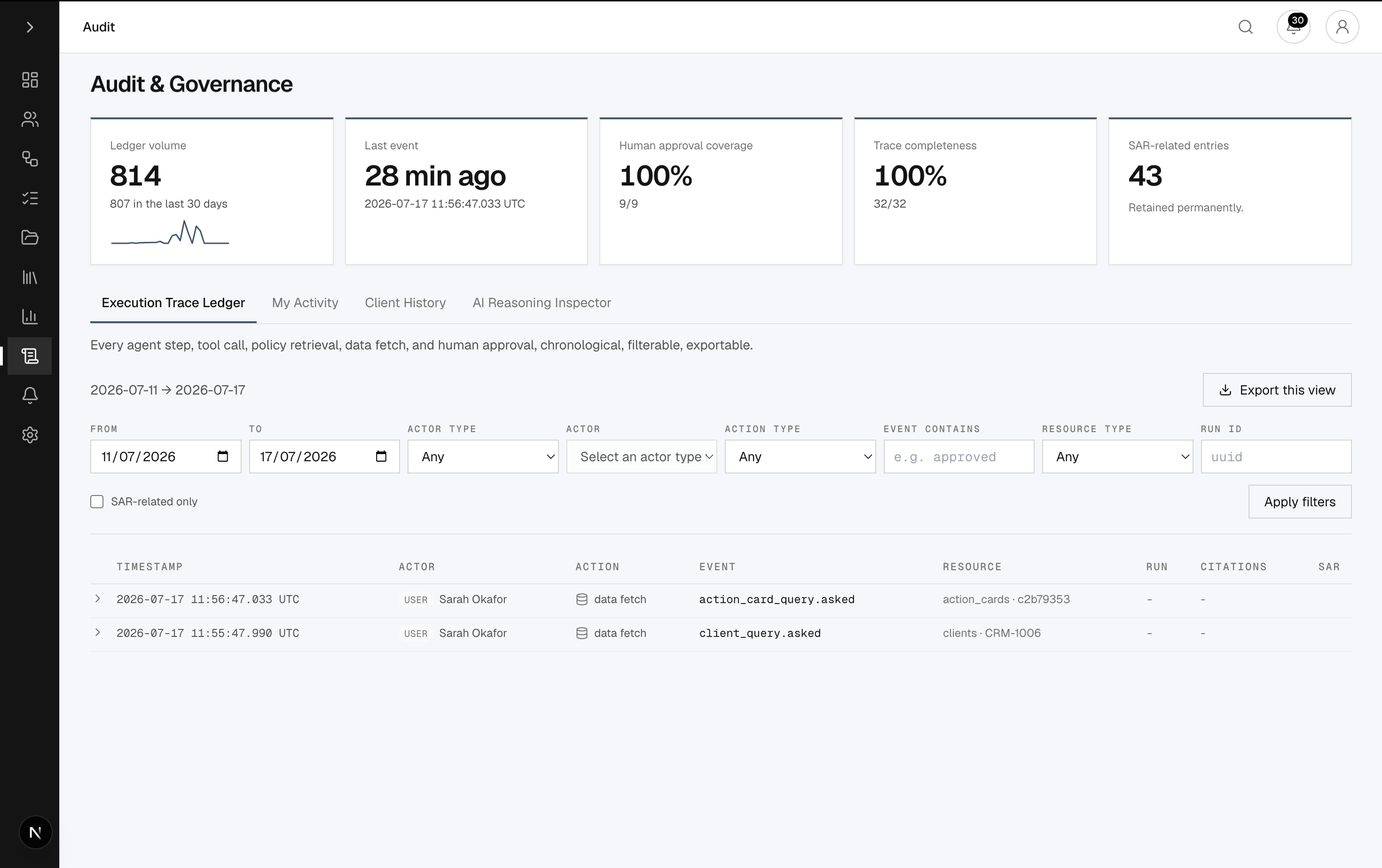 Enclave Audit & Governance workspace showing the execution trace ledger