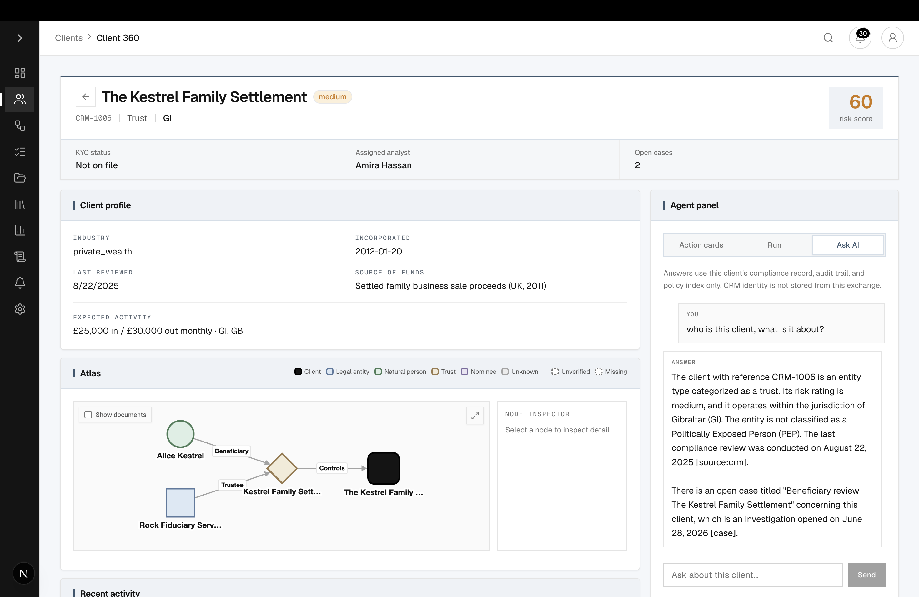 Atlas Client 360 workspace showing entity risk context, the ontology graph, and the agent panel